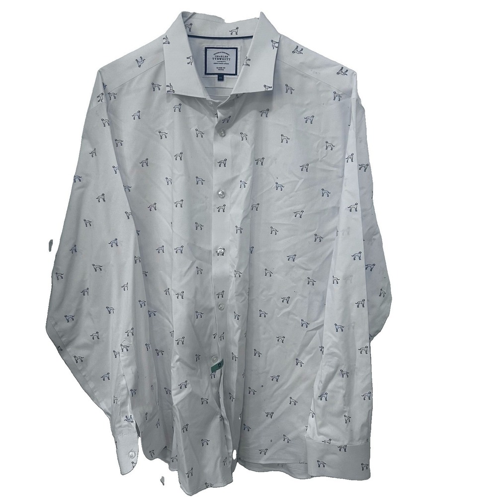 Charles Tyrwhitt White Dog Print Classic Fit No Iron Button Up Cotton Shirt 2XL